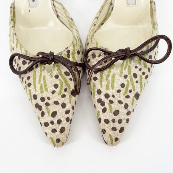 Manolo Blahnik Vintage Beige Green Brown Canvas Bow Pointed Toe Mules IT 36.5 - Picture 7 of 11
